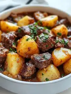 Crockpot Loaded Steak and Potato Bake with hearty ingredients