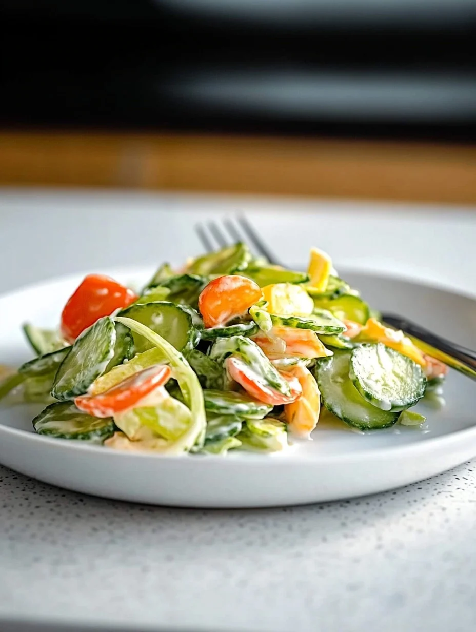 Fresh cucumber salad with herbs and dressing in a bowl