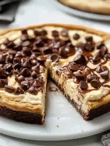 Deep Dish Cookie Dough Cheesecake Pizza topped with chocolate chips and cookie dough