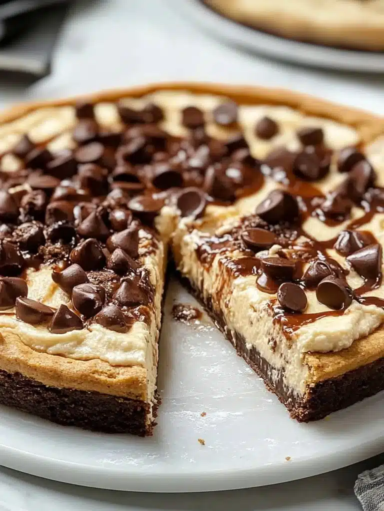 Deep Dish Cookie Dough Cheesecake Pizza topped with chocolate chips and cookie dough