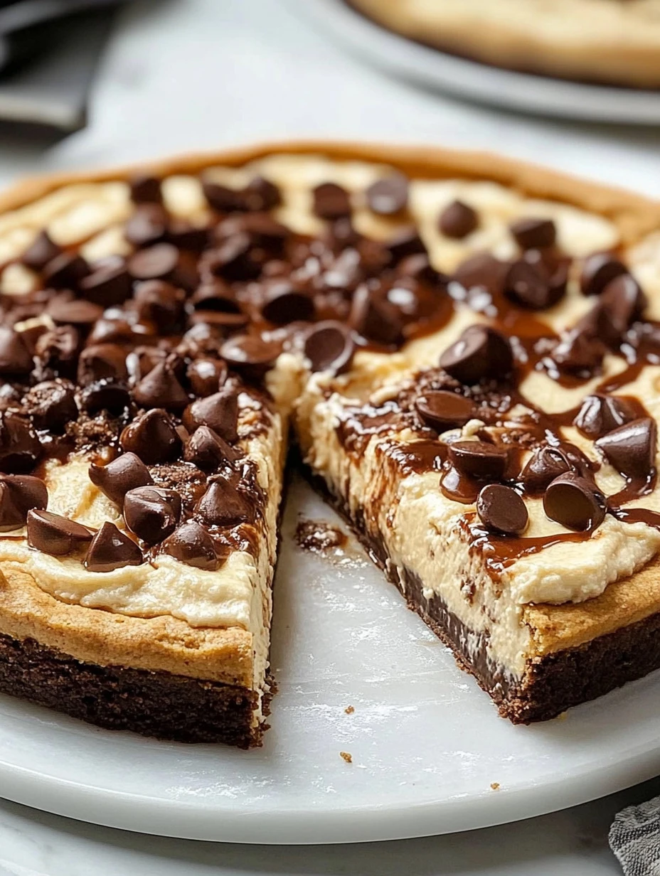 Deep Dish Cookie Dough Cheesecake Pizza topped with chocolate chips and cookie dough
