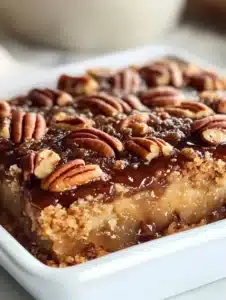 Delicious pecan pie dump cake served on a plate with whipped cream