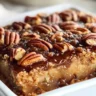 Delicious pecan pie dump cake served on a plate with whipped cream