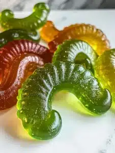 Dill pickle gummy worms in a colorful assortment, perfect for candy lovers.