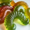 Dill pickle gummy worms in a colorful assortment, perfect for candy lovers.