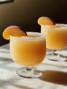 Frozen Peach Margaritas 3 Frosty frozen peach margaritas in a glass with fresh peach slices