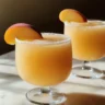 Frosty frozen peach margaritas in a glass with fresh peach slices