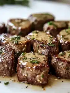 Garlic butter steak bites served in a skillet