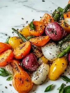 Garlic herb roasted veggies in a serving dish garnished with fresh herbs.