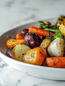 Bowl of garlic herb roasted veggies with colorful bell peppers, zucchini, and herbs