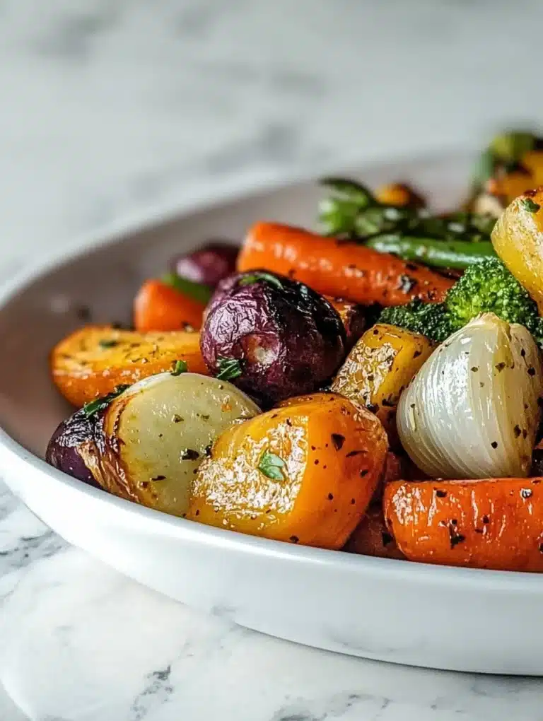 Bowl of garlic herb roasted veggies with colorful bell peppers, zucchini, and herbs
