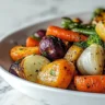 Bowl of garlic herb roasted veggies with colorful bell peppers, zucchini, and herbs