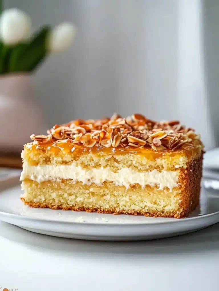Delicious slice of German Bee Sting Cake with honey and almond topping