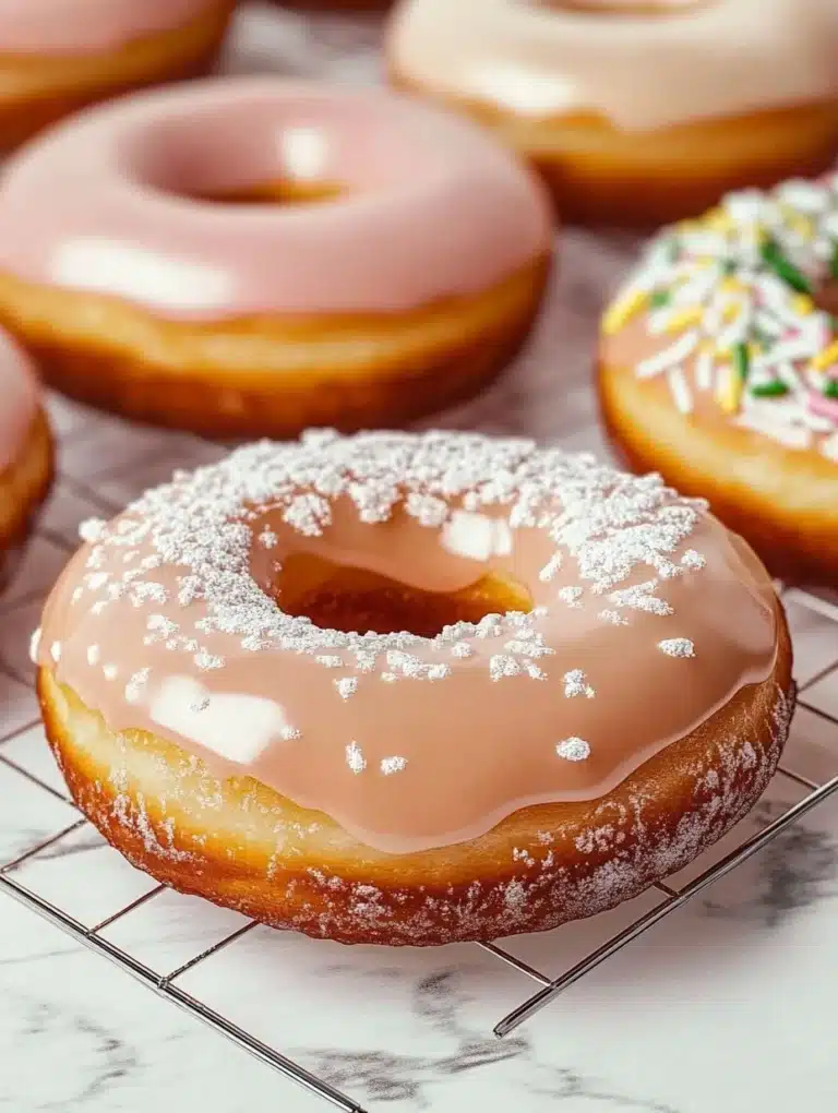 Freshly made glazed donuts with a shiny sugar coating