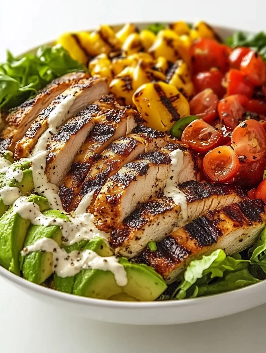 Delicious Grilled Chicken & Avocado Salad Bowl with colorful ingredients