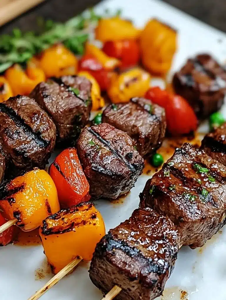 Delicious grilled steak kabobs with colorful vegetables on skewers