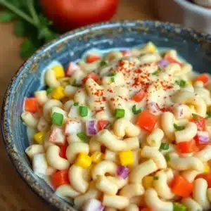 Guy Fieri’s Macaroni Salad 7 Delicious Guy Fieri's macaroni salad in a bowl, colorful and fresh ingredients.