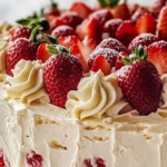 Delicious homemade strawberry Italian cream pound cake topped with fresh strawberries