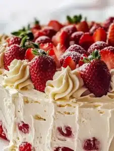 Delicious homemade strawberry Italian cream pound cake topped with fresh strawberries