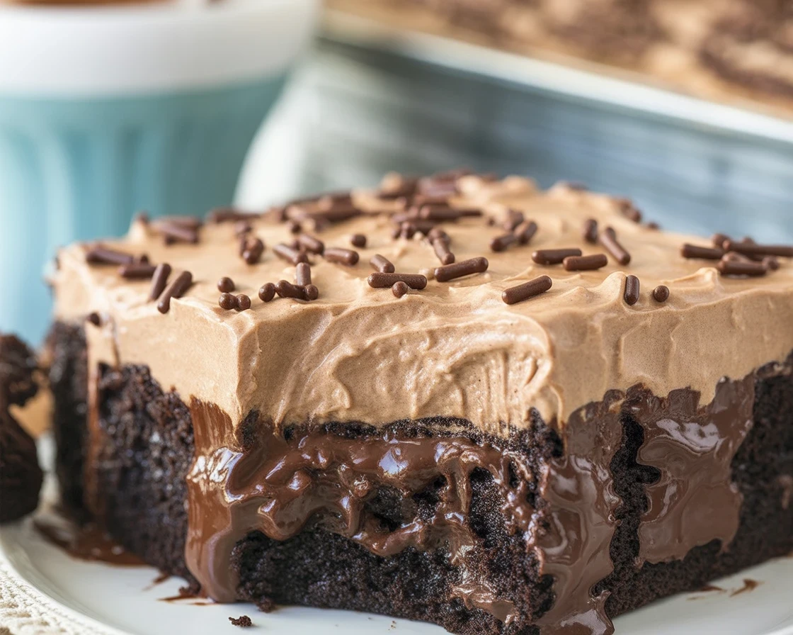 Deliciously moist Chocolate Poke Cake topped with chocolate pudding and whipped cream.
