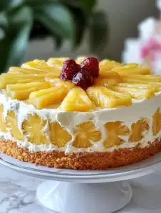 Delicious slice of Juicy Pineapple Heaven Cake topped with fresh pineapple