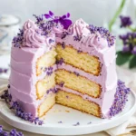 Lavender Cake with Lavender Buttercream Frosting on a white plate