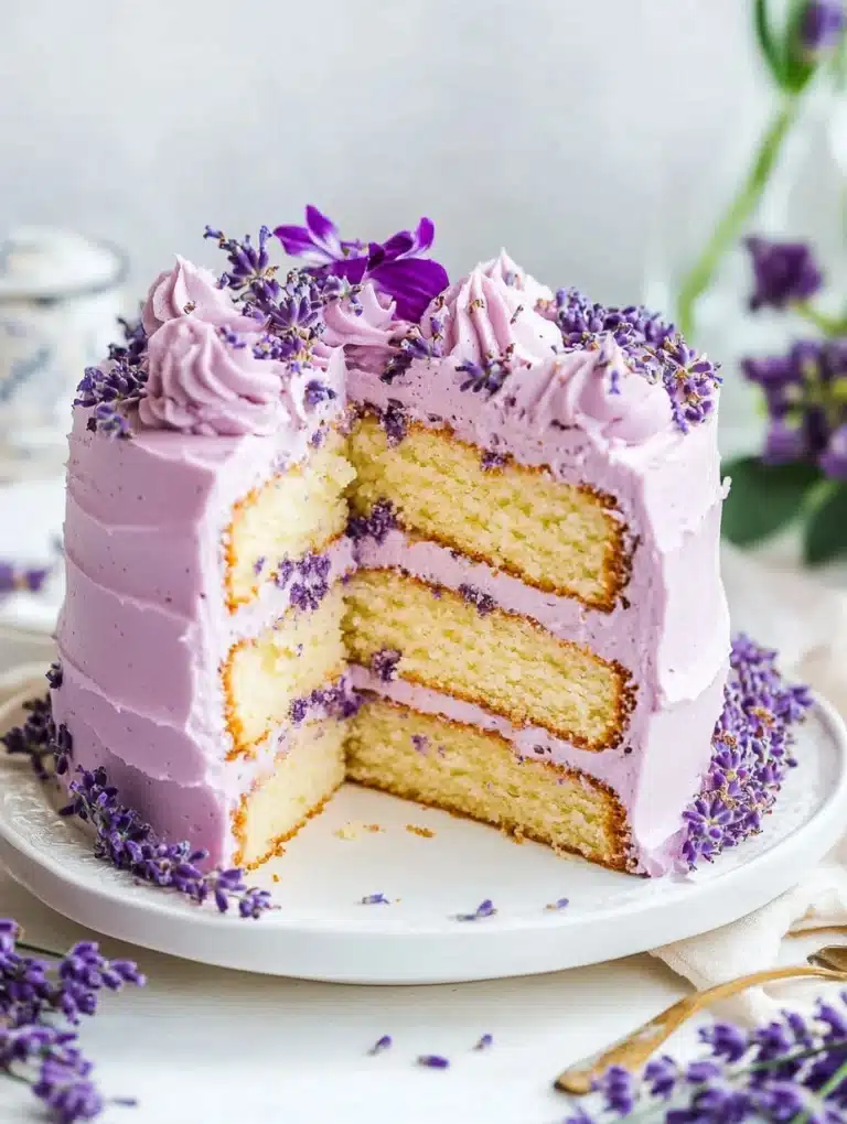 Lavender Cake with Lavender Buttercream Frosting on a white plate