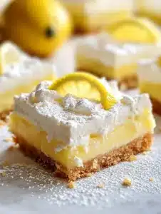 Lazy Day Lemon Cream Pie Bars with vibrant lemon topping and a graham cracker crust
