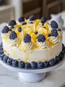 Slice of Lemon Blueberry Cheesecake Cake topped with fresh blueberries and lemon zest