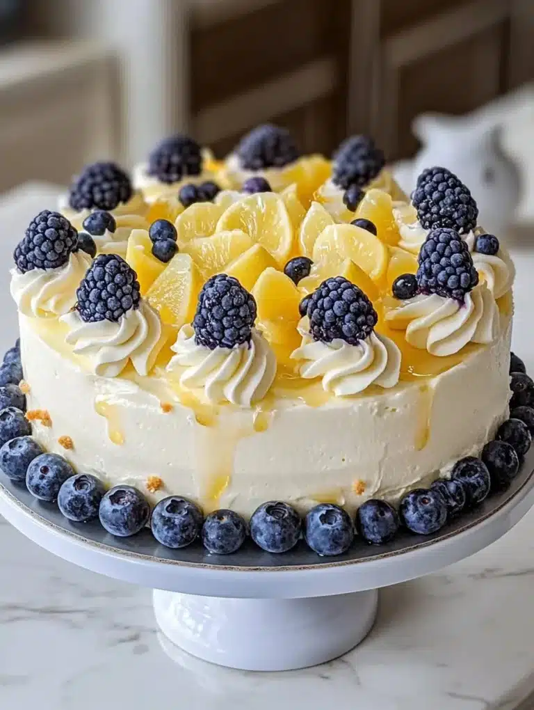 Slice of Lemon Blueberry Cheesecake Cake topped with fresh blueberries and lemon zest