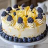 Slice of Lemon Blueberry Cheesecake Cake topped with fresh blueberries and lemon zest