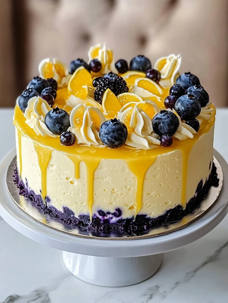Slice of Lemon Blueberry Cheesecake Cake with blueberries on top