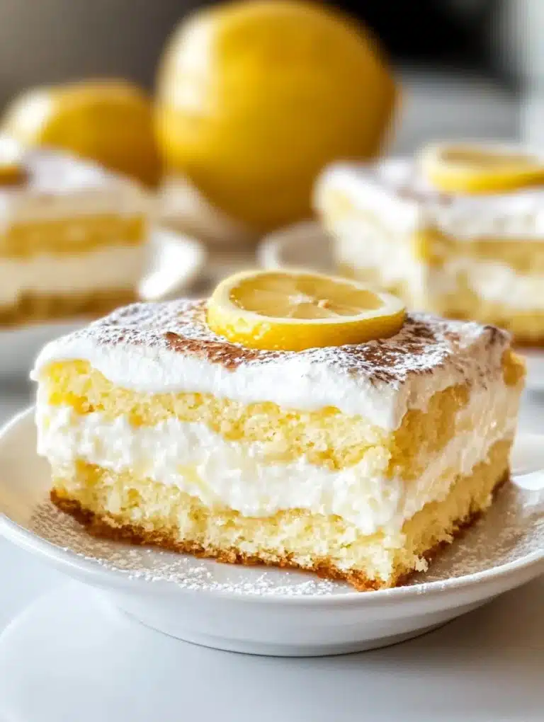 Delicious Lemon Tiramisu dessert served on a plate with fresh lemon slices