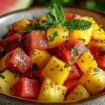 Fresh melon and pineapple salad served in a bowl with mint garnish