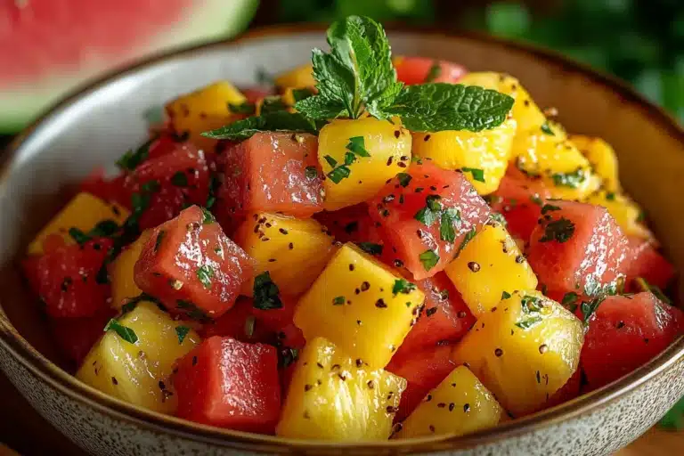 Fresh melon and pineapple salad served in a bowl with mint garnish