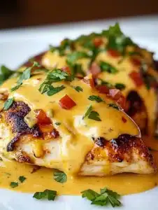 A delicious plate of Mexican Chicken topped with creamy cheese sauce