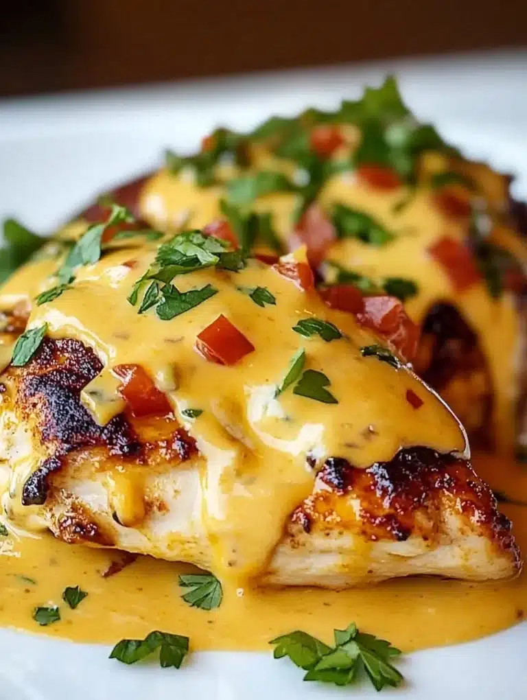 A delicious plate of Mexican Chicken topped with creamy cheese sauce