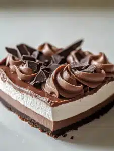 Delicious no-bake chocolate cream pie topped with whipped cream and chocolate shavings