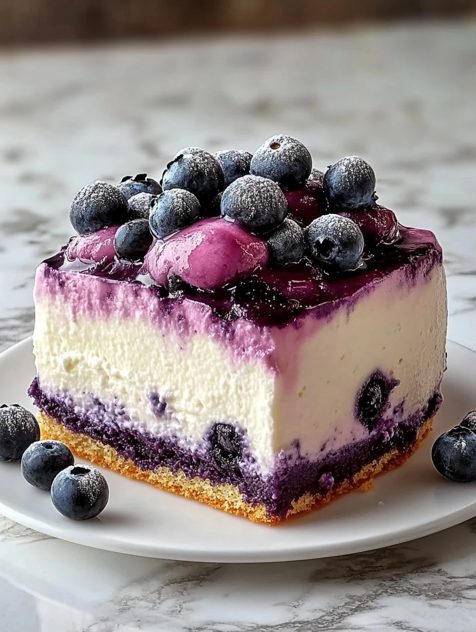 Delicious Nova Scotia Blueberry Cream Cake topped with fresh blueberries.
