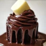 Delicious old fashioned fudge icing on a chocolate cake