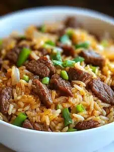 Delicious plate of Onion Beef Fried Rice with fresh vegetables and beef pieces