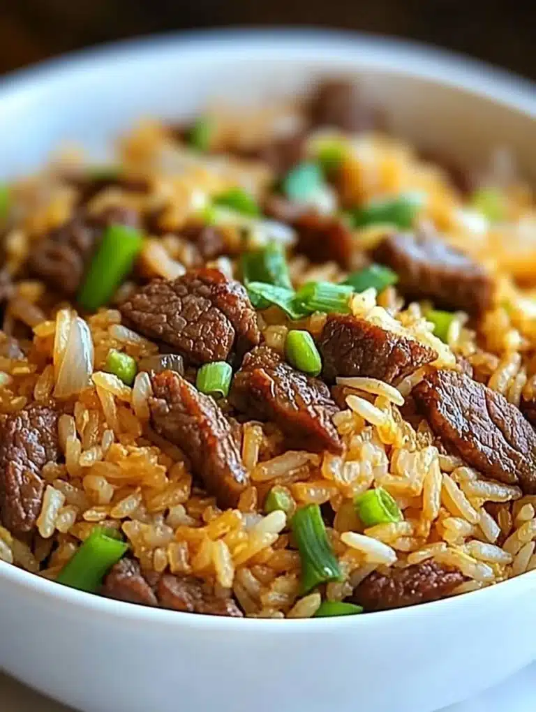 Delicious plate of Onion Beef Fried Rice with fresh vegetables and beef pieces