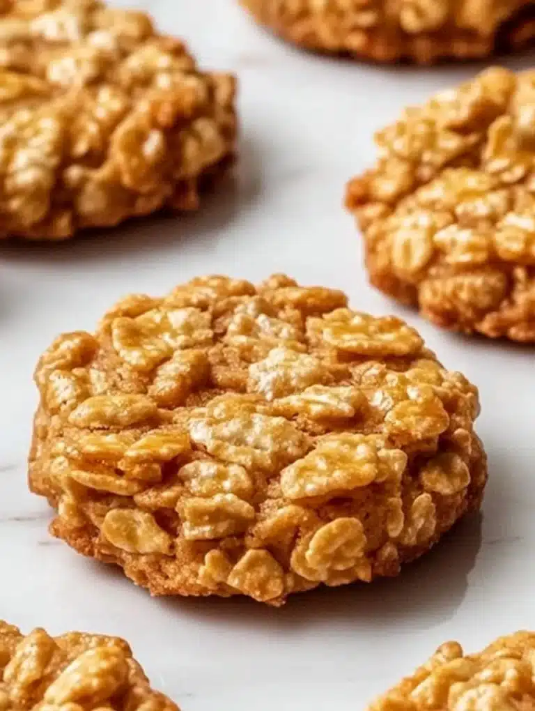 Freshly baked Peanut Butter Cornflake Cookies on a cooling rack.