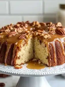 Pecan Caramel Cinnamon Roll Cream Cheese Pound Cake 3 Pecan caramel cinnamon roll cream cheese pound cake on a white plate