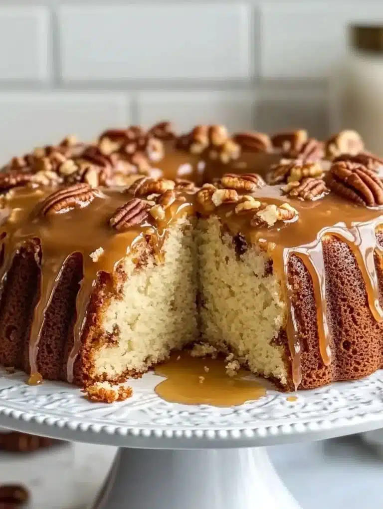 Pecan caramel cinnamon roll cream cheese pound cake on a white plate