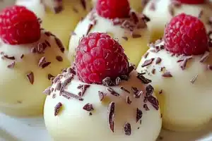 Raspberry Cheesecake Balls dessert with creamy filling and fresh raspberries