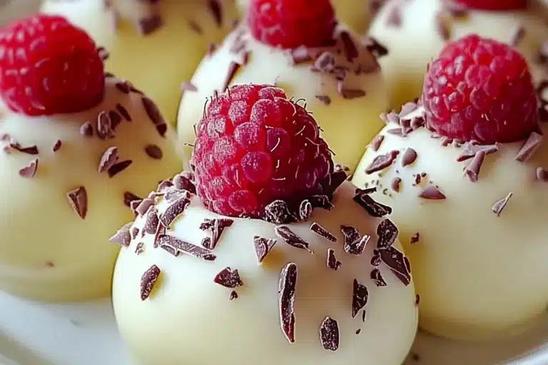 Raspberry Cheesecake Balls dessert with creamy filling and fresh raspberries