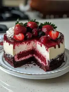Red Velvet Strawberry Cheesecake topped with fresh strawberries and cream