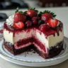 Red Velvet Strawberry Cheesecake topped with fresh strawberries and cream