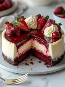 Red Velvet Strawberry Cheesecake with fresh strawberries on top